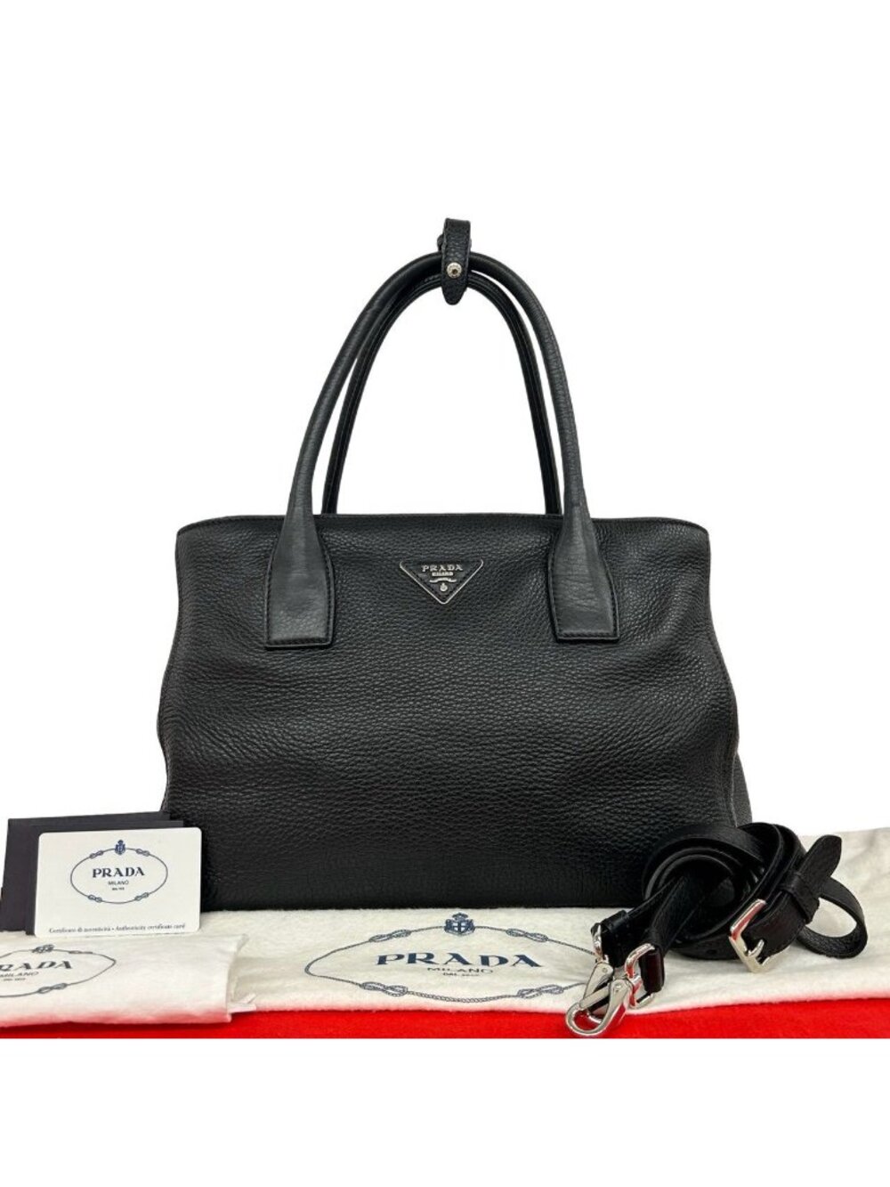 Prada Triangle Logo Vitello Daino Leather 2-Way Tote Shoulder Bag Black
